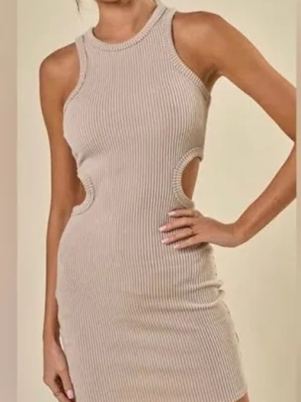 Blue Blush Taupe Ribbed Cutout Mini Dress